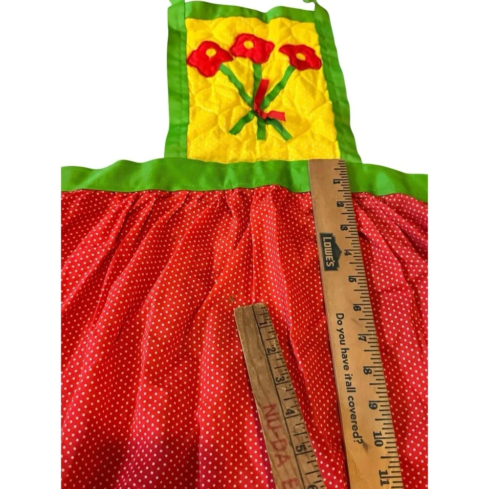 Judy’s Things,VTG Quilted Apron Yellow Red Polka Dots- Red Flowers Bouquet 80s